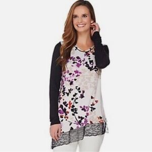 LOGO by Lori Goldstein Printed Knit Top with Lace Hem Ivory Combo